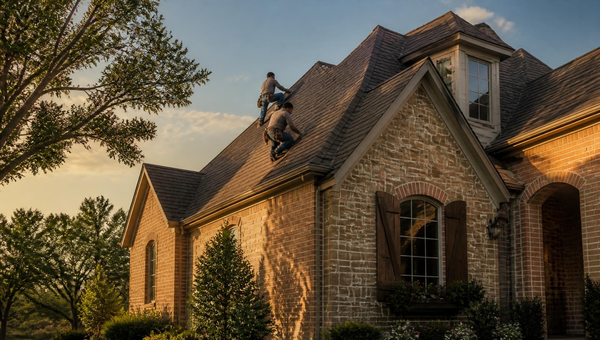 Roofing crew installing shingles on a Fort Worth area brick home